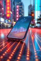 Floating smartphone illuminated by city lights in urban nightlife setting