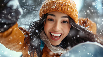 Banner showcasing cheerful woman embracing snowfall wearing orange jacket warm vibes joyous winter scene snowflakes swirling around image