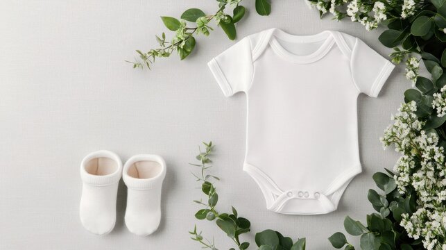 Vintage baby bodysuit mockup concept. A soft white baby onesie and booties are surrounded by greenery and flowers, creating a serene and charming baby-themed setting.