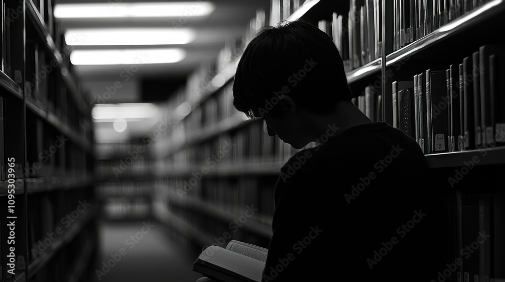 Poster Silhouette of a Person Reading in a Library Aisle