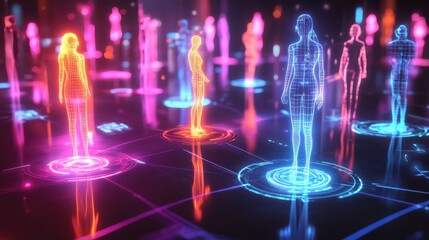 A futuristic display of a talent pool with highlighted skills, representing advanced talent acquisition systems.