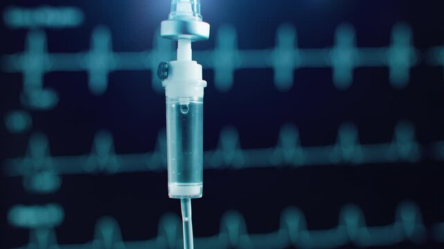 Medical IV saline drip with ECG monitor on the background. Healthcare technology for patient care and emergency treatment. Modern hospital equipment for recovery, surgery and intravenous therapy