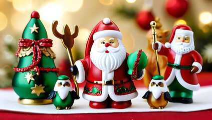  A  vibrant Christmas-themed still life. The layout features a horizontal arrangement on a white wooden surface, adorned with holiday decorations