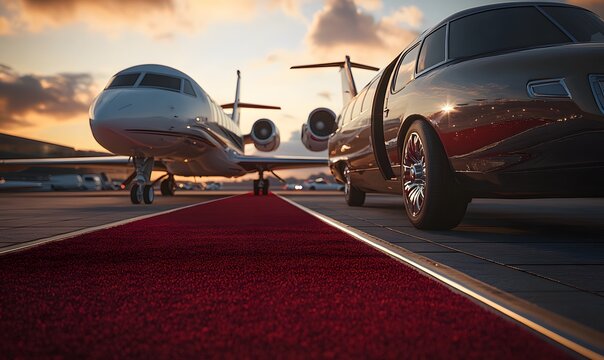 Red Carpet Arrival, A luxurious limousine parked next to a private plane on a red carpet - Powered by Adobe