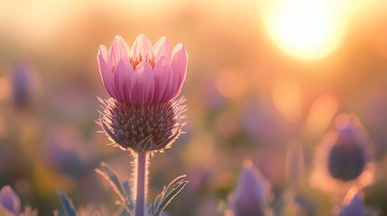 Pink flower at sunset in a field.