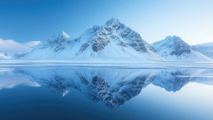 Snowy mountain peaks reflected in a calm, frozen lake under a clear blue sky