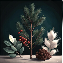 Fototapeta premium Natural Christmas arrangement with pine and red berry highlights