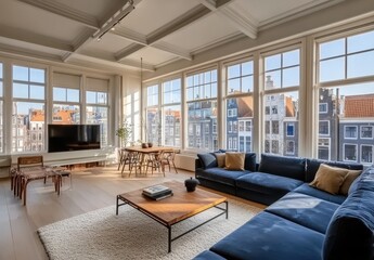 Fototapeta premium Bright and Cozy Living Room with Large Windows Overlooking Traditional Dutch Architecture in a Stylish Urban Apartment Setting