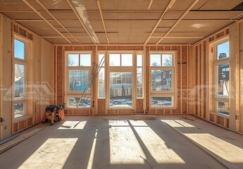 Fototapeta premium Bright and Spacious Interior of an Under-Construction House Featuring Large Windows and Wooden Framing, Perfect for Home Renovation and Design Projects in Progress