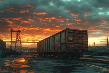 Weathered Train Car at Sunset with Dramatic Clouds and Reflections in Urban Rail Yard, Capturing the Essence of Forgotten Industrial Landscapes