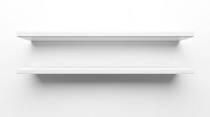 Minimalist white floating shelves on blank wall for modern interior design