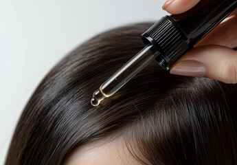 Woman applying hair growth serum with a dropper on her dark brown hair in a bright setting