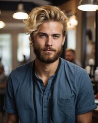 Fototapeta premium A young, cheerful, handsome, bearded, blond, tousled man in a fashionable barbershop.