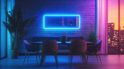 A modern dining area with neon lighting and a city view at sunset.