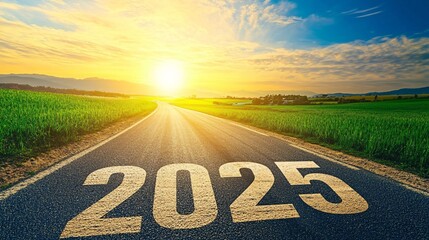 The number "2025" is written on the asphalt road leading into an open field, with the sun rising in the background. The scene features a beautiful sky and lush greenery. 