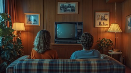 Couple watching retro TV in vintage living room.