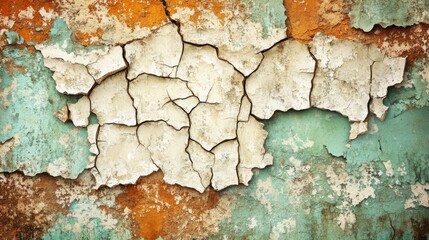 Obraz premium Abstract close-up of cracked, peeling paint on a weathered wall featuring shades of turquoise and orange.