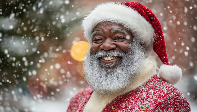Happy Santa Claus enjoying a snowy day outdoors, wearing a red and white outfit with a bright smile against a blurred festive background
