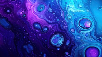 Vibrant abstract illustration with swirling shades of blue and purple, creating a cosmic feel with circular patterns.