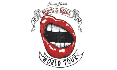 Lips poster design. Kiss vintage design. Rock and roll poster design. Music festival artwork. Music logo design. 