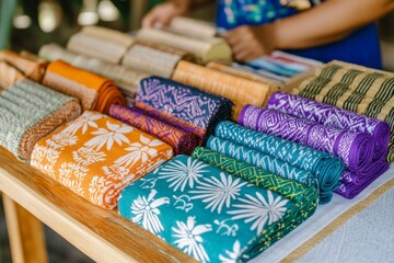 Market vendor showcases vibrant handmade textiles in colorful traditional attire outdoors