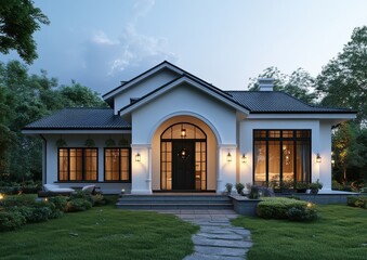 Charming Modern House with Elegant Design Surrounded by Lush Greenery, Featuring Large Windows, Inviting Pathway, and Soft Exterior Lighting in a Serene Neighborhood