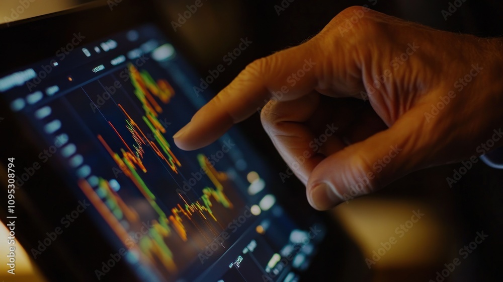 Poster A Hand Interacting With a Stock Market Chart on a Computer Screen
