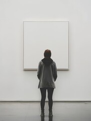 Fototapeta premium Contemplation Before Blank Canvas - A person stands before a large blank canvas, symbolizing potential, creativity, minimalism, contemplation, and artistic expression.