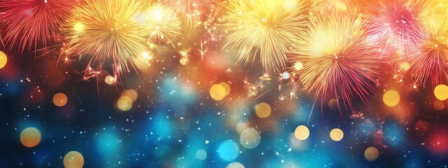 Fototapeta premium Vibrant Fireworks Display Against Dark Blue Sky 