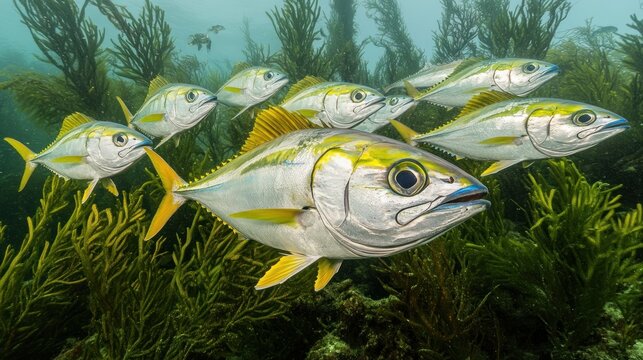 School of yellowtail snapper swimming near seaweed.