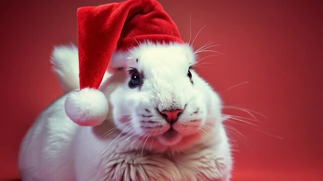 White rabbit wearing a red hat and a white hat with a red ball on it. The rabbit is looking at the camera