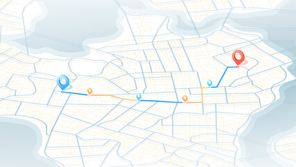 GPS navigation to pins and multiple markers on route. City map featuring directional signs, an intended goal point. Abstract plan highlights POI city streets. Vector illustration with designated route