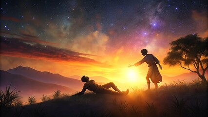 Fototapeta premium A silhouette of the Good Samaritan helping a fallen traveler, set against a glowing sunset sky