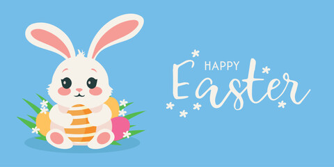 easter bunny with easter eggs. easter card with eggs with flowers and rabbit . flat minimalistic illustration modern style postcards, poster, ad