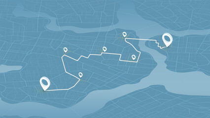 Delivery track information on map. Route between multiple markers on route. Location tracker in perspective. Vector background