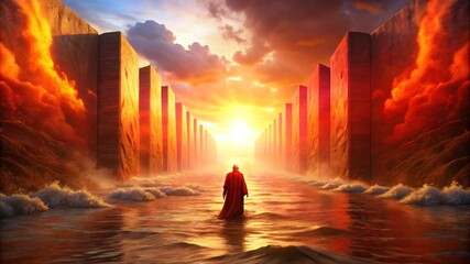 Fototapeta premium Biblical illustration of the Red Sea parted, showing a glowing seabed and dramatic sky