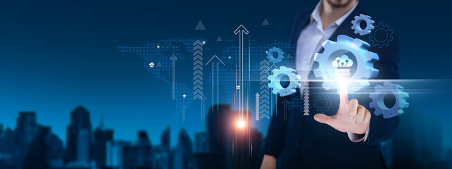 Web Hosting: Server management, cloud storage, security, scalability,  uptime reliability, data backup, traffic management. Businessman hand holds web hosting icon and network on digital interface.