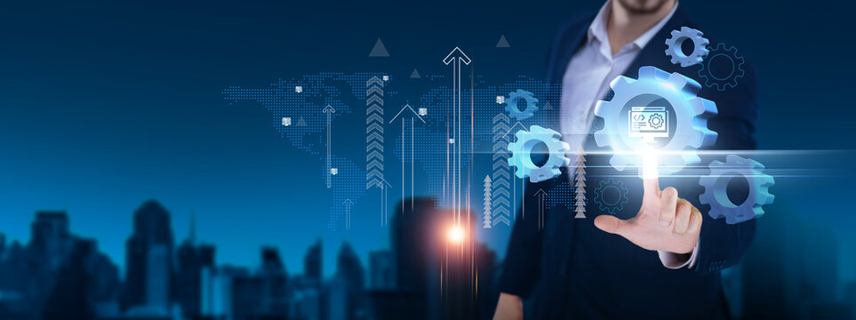 Web Development: Coding, design, responsive design, back-end development, database integration, optimization. Businessman hand hold web development icon and network on digital interface.