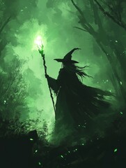 Fototapeta premium Enchantress of the Emerald Forest - A mysterious silhouette of a witch, staff glowing, embodies magic, mystery, nature, darkness, and power within a mystical green forest.
