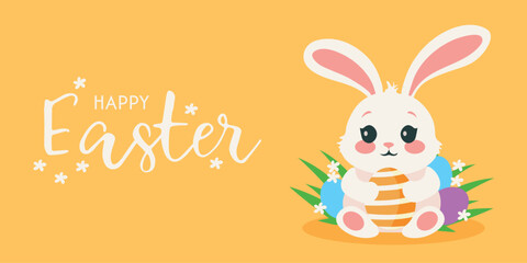 happy easter bunny card with eggs with flowers and rabbit . flat minimalistic illustration modern style postcards, poster, ad