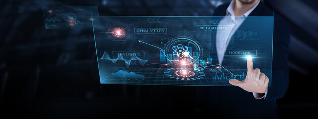 Data Science: Machine learning, data visualization, statistical modeling, data mining, algorithm development, insights. Businessman analyzing data science progress chart on digital interface.