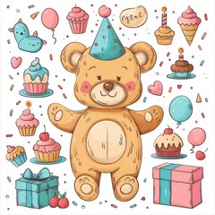 Obraz premium A birthday party scene with a teddy bear, cupcakes, balloons, and a big pink ribbon banner