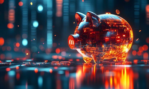 Future Investment, Coins falling into a piggy bank with a futuristic background or digital overlay