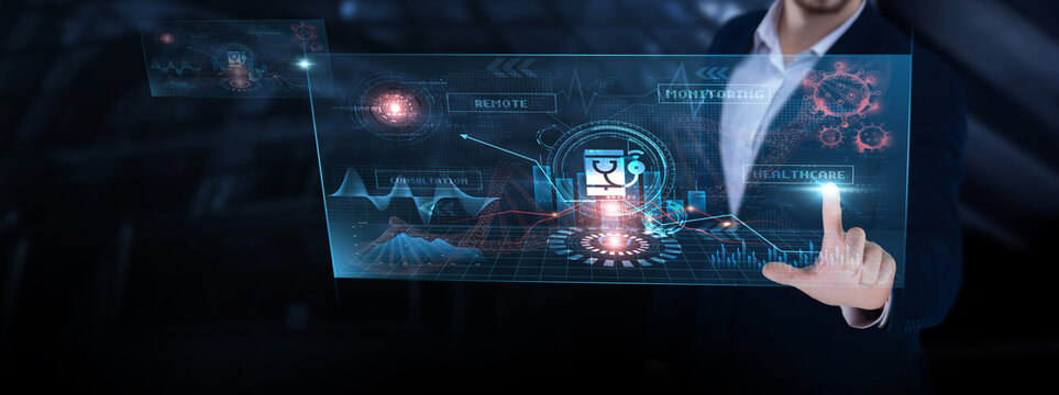 Telehealth: Remote consultation, patient monitoring, digital prescriptions, telemedicine platforms, health data analysis. Businessman analyzing telehealth progress chart on digital interface.