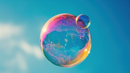 A close-up of a colorful soap bubble floating against a bright blue sky