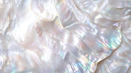 A close-up view of iridescent mother of pearl, showcasing its fluid waves and shimmering colors against a soft background.