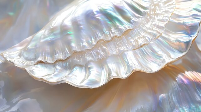 Close-up of iridescent seashells displaying delicate textures and pastel hues.