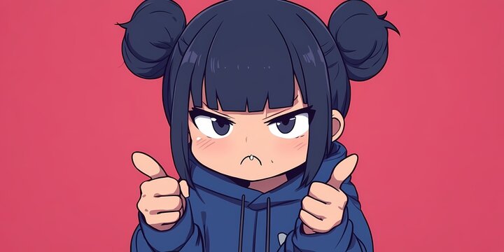 Cute Chibi Kawaii Girl in Blue Hoodie with Snooty Expression