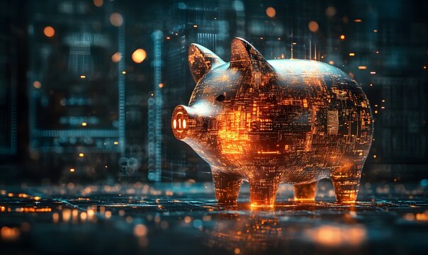 Future Investment, Coins falling into a piggy bank with a futuristic background or digital overlay - Powered by Adobe
