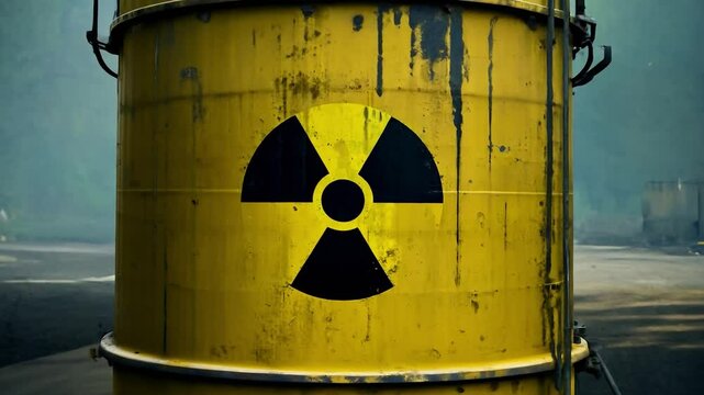 Large yellow barrel with a skull and crossbones on it. The barrel is on a road and is surrounded by trees